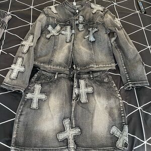 Fashion Nova Distressed Gray Jean Jacket and Skirt Set